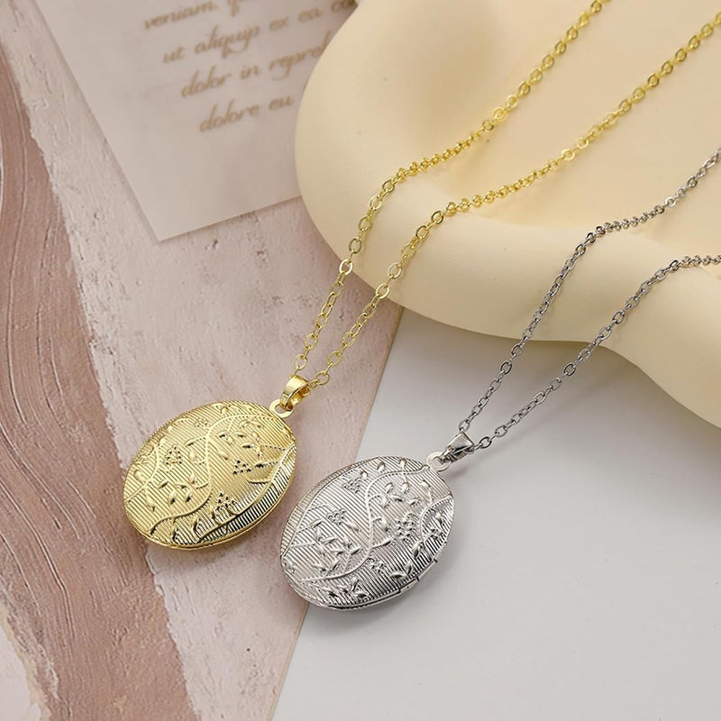 SCRDPRAD Vintage Engraved Flower Empaistic Photo Locket Hold Picture Oval Round Pendant Necklace Antique Carved Pattern Souvenir Memorial Clavicle Sweet Jewelry for Women - Image 3